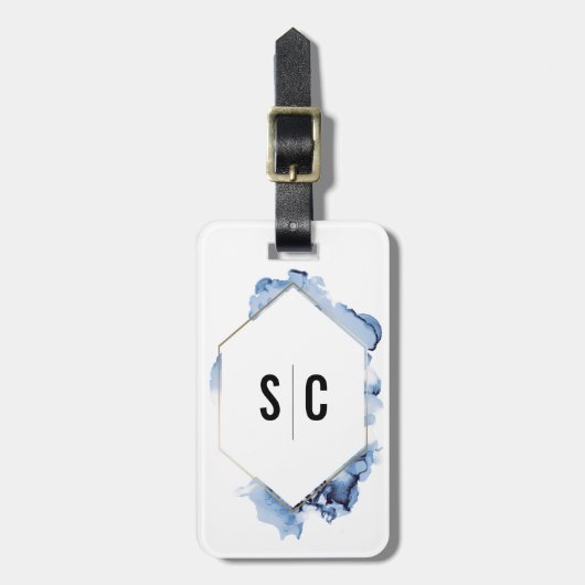 Monogram blauw waterverf Goud lijst pasgetrouwd Bagagelabel (Voorkant verticaal)