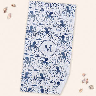 Monogram Blauw Waterverf Octopus Onderwater Strandlaken