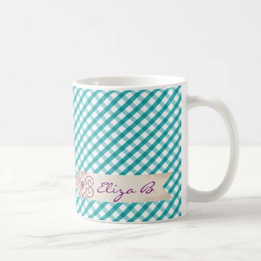 Monogram Blauw Wit Gingham Patroon Mok (Rechts)