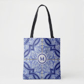 Monogram Blauw + Wit Tegel Patroon Draagtas (Voorkant)