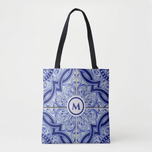 Monogram Blauw + Wit Tegel Patroon Draagtas (Voorkant)