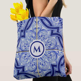  Monogram Blauw + Wit Tegel Patroon Draagtas