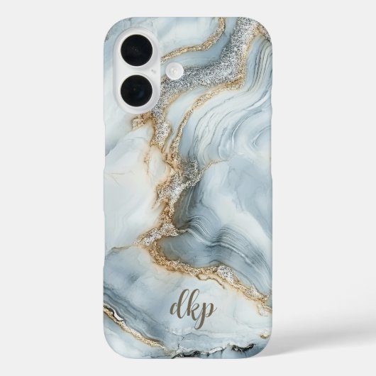 Monogram Blauw Wit Zilver Goud Marmeren Werveltje Case-Mate iPhone Case (Achterkant)