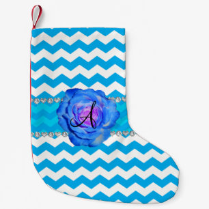 Monogram blauw witte chevrons blauw roos kleine kerstsok