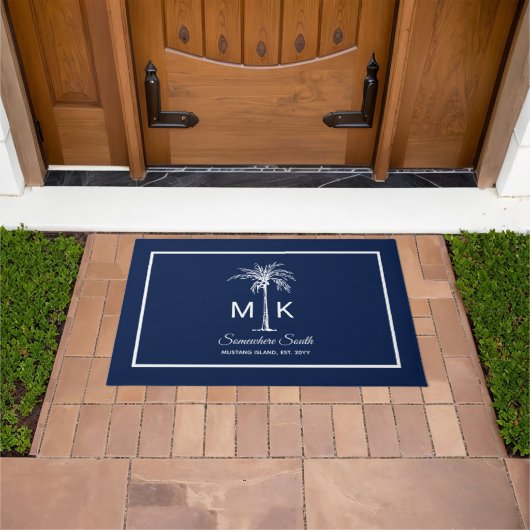 Monogram Blauw Witte Palmboom Persoonlijk Deurmat (Buiten)