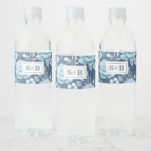 Monogram Blauwe Bloemen Huwelijk Waterfles Etiket