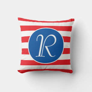 Monogram blauwe cirkel Rode & witte streep Kussen