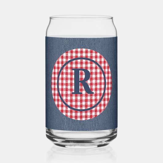 Monogram | Blauwe Denim, Rood Wit Cirkel Lijst Blikvorm Glas (Voorkant)