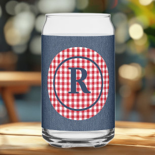 Monogram Blauwe Denim, Rood Wit Cirkel Lijst Blikvorm Glas