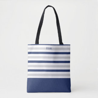Monogram blauwe en grijze streep draagtas