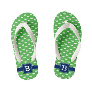 Monogram Blauwe en Groene Walvissen Vierkant Kinder Teenslippers