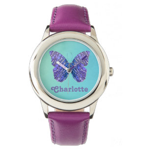 Monogram blauwe en Paarse vlindernaam Horloge