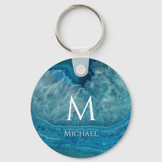 Monogram Blauwe Geode Initiaal & Naam Modern Agaat Sleutelhanger (Voorkant)