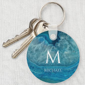 Monogram Blauwe Geode Initiaal & Naam Modern Agaat Sleutelhanger