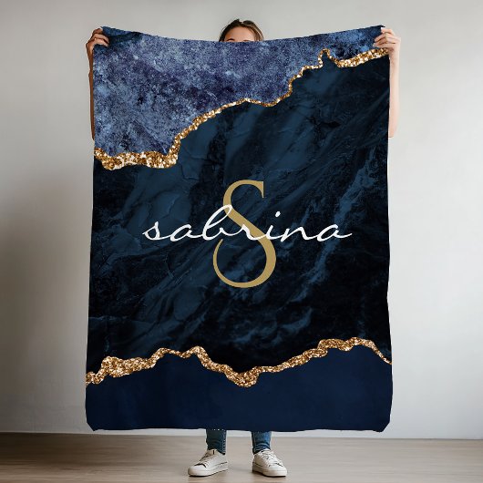 Monogram Blauwe Goud Agaat Geode Fleece Deken
