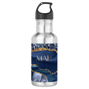 Monogram Blauwe Gouden Glitter Agate Marmer Trendy Waterfles