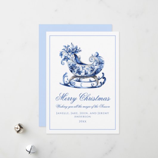 Monogram blauwe rode krans Kerstmis Feestdagenkaart (Voorkant / Achterkant in situ)