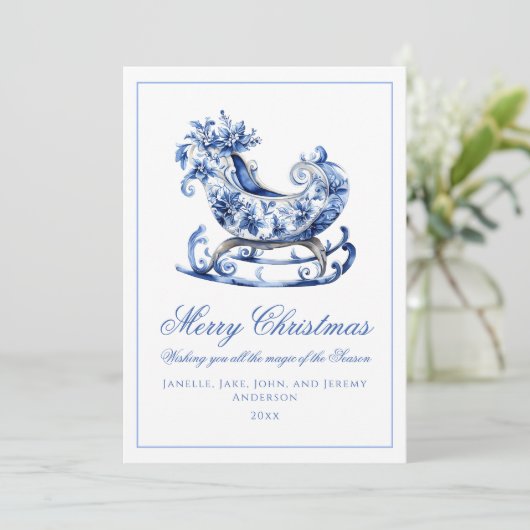 Monogram blauwe rode krans Kerstmis Feestdagenkaart (Staand voorkant)