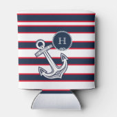 Monogram Blauwe Rode Witte Nautische Stripes Blikjeskoeler (Achterkant)