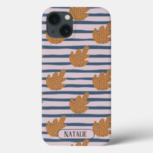 Monogram blauwe strepen en blad iPhone 13 hoesje