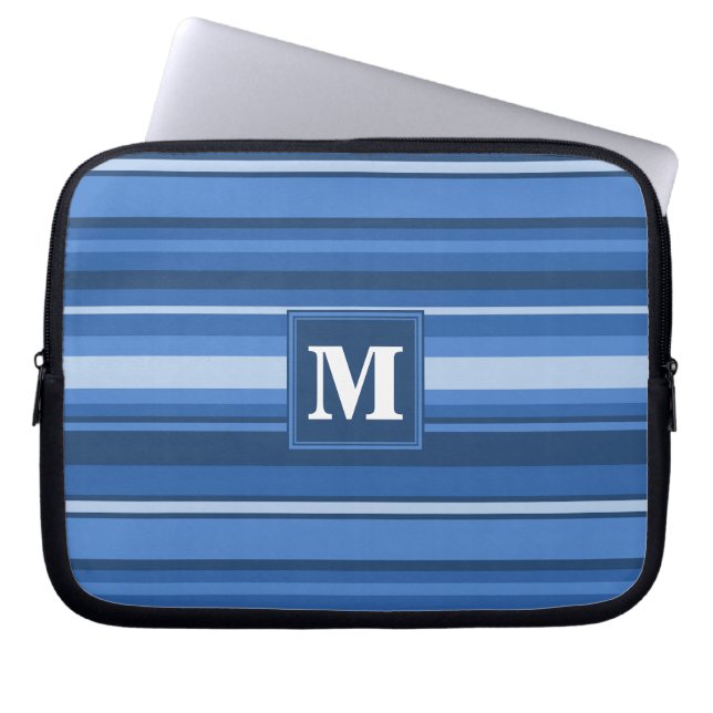 Monogram blauwe strepen laptop sleeve (Voorkant)