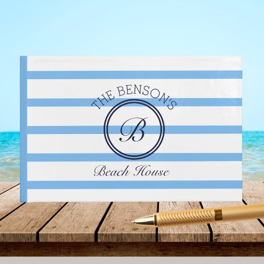 Monogram Blauwe Strepen Naam Beach House Gastenboe Gastenboek