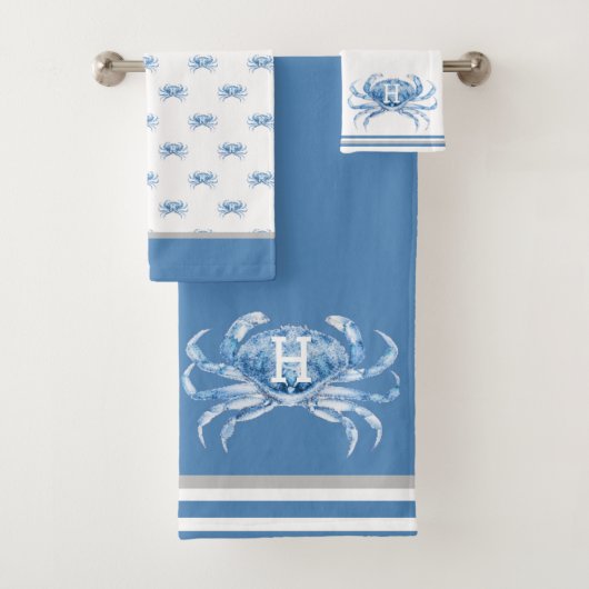 Monogram blauwe Waterverf krab nautische kust Bad Handdoek (Insitu)