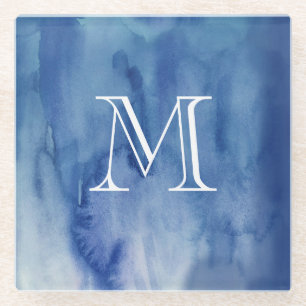 Monogram Blauwe Waterverf Structuur Abstract schil Glazen Onderzetter