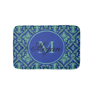 Monogram Blauwgroen Blauw Damask reliëfstijl Badmat