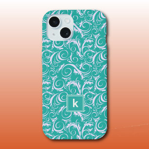 Monogram blauwgroen blauw Damaspatroon iPhone 15 Hoesje