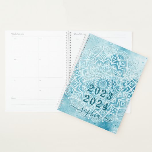 Monogram Blauwgroen Blauw Marmer Mandala 2023 2024 Planner (Display)