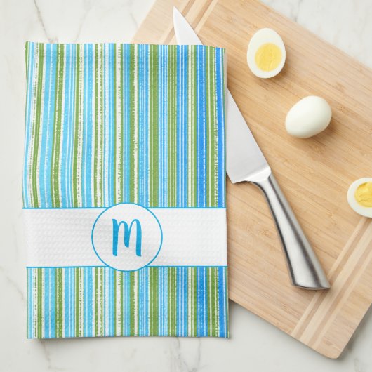 Monogram blauwgroen, Blauwe, Groene, en Witte Stri Theedoek (Quarter Fold)