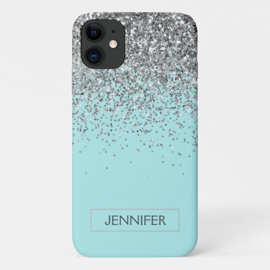 Monogram Blauwgroen Blue Silver Glam Glitter Name Case-Mate iPhone Case (Achterkant)