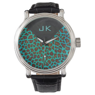 Monogram Blauwgroen en bruine luipaard Horloge
