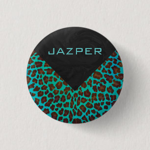 Monogram Blauwgroen en bruine luipaard Ronde Button 3,2 Cm