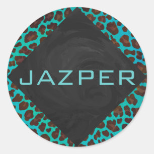 Monogram Blauwgroen en bruine luipaard Ronde Sticker