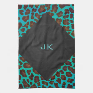 Monogram Blauwgroen en bruine luipaard Theedoek