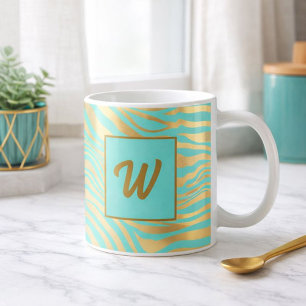 Monogram Blauwgroen en Gold Animal Print Koffiemok