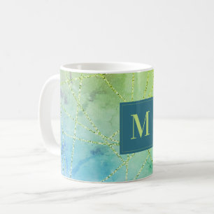 Monogram Blauwgroen en Groen Faux Glitter Geometri Koffiemok
