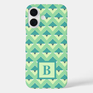 Monogram blauwgroen en groen Geometrisch Patroon iPhone 16 Hoesje