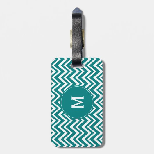 Monogram Blauwgroen en White Chevron Pattern Bagagelabel (Achterkant verticaal)