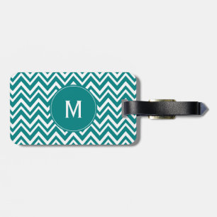 Monogram Blauwgroen en White Chevron Pattern Bagagelabel