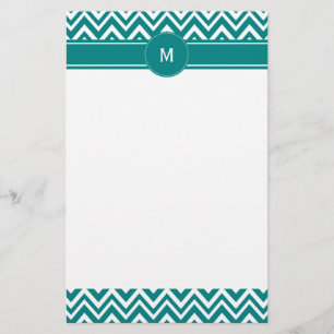 Monogram Blauwgroen en White Chevron Pattern Briefpapier