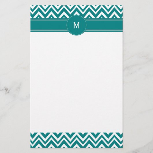 Monogram Blauwgroen en White Chevron Pattern Briefpapier (Voorkant)