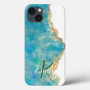 Monogram blauwgroen en Witte Agate Marble Abstract iPhone 13 Hoesje