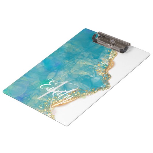 Monogram blauwgroen en Witte Agate Marble Abstract Klembord (Gekanteld)