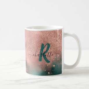 Monogram Blauwgroen en Zacht Blush Pink Ombre Foli Koffiemok