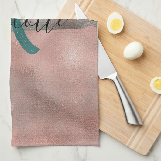 Monogram Blauwgroen en Zachte Blush Pink Ombre Fol Theedoek (Quarter Fold)