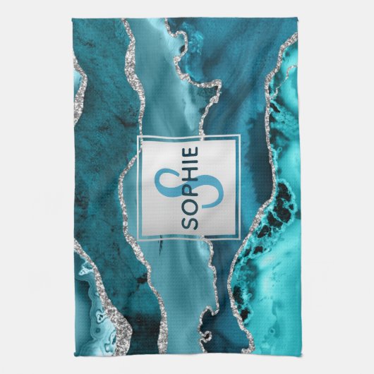 Monogram blauwgroen en zilver Faux Glitter Marble Theedoek (Verticaal)