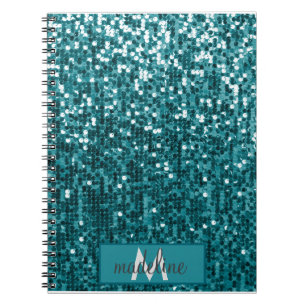 Monogram Blauwgroen Glitter Sequin Sparkly Notitie Notitieboek